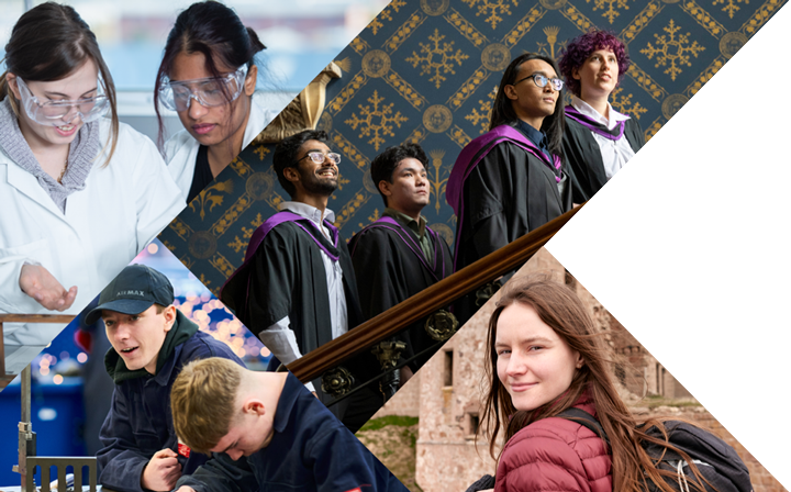 Collage image of students. On the top left, two your girls are working on the lab. On the bottom left two mechanic students are working with tools. On the top centre a group of students wearing University of Glasgow's graduation gowns are climbing stairs. At the bottom right, a girl in front of a castle looks at the camera.