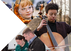 Photocollage of students doing different activities: engineering, planning and music.