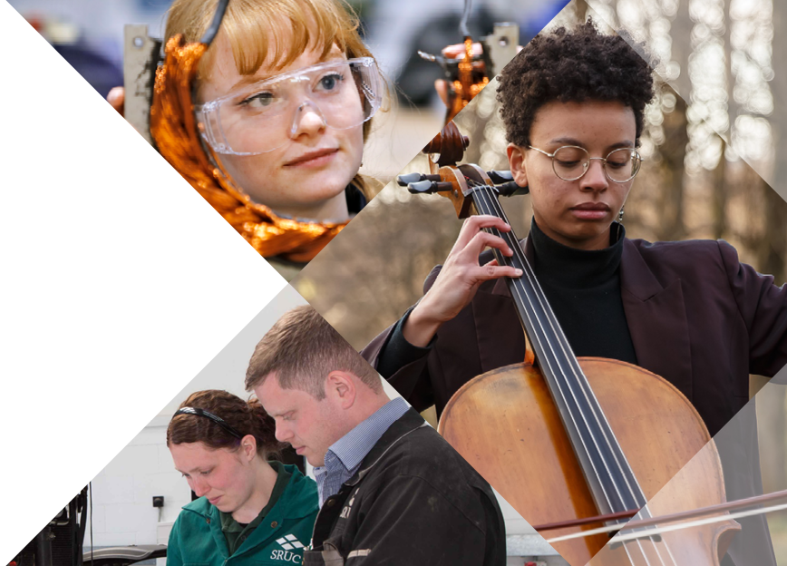 Photocollage of students doing different activities: engineering, planning and music.