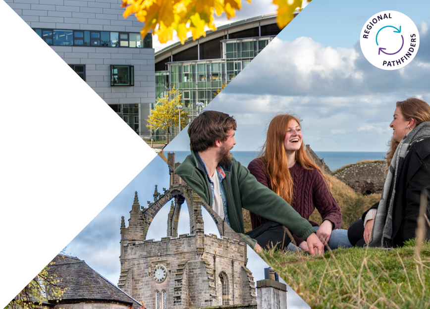 Photocollage of Robert Gordon University and University of Aberdeen campus. On the right a group of students chat on a historical site.
