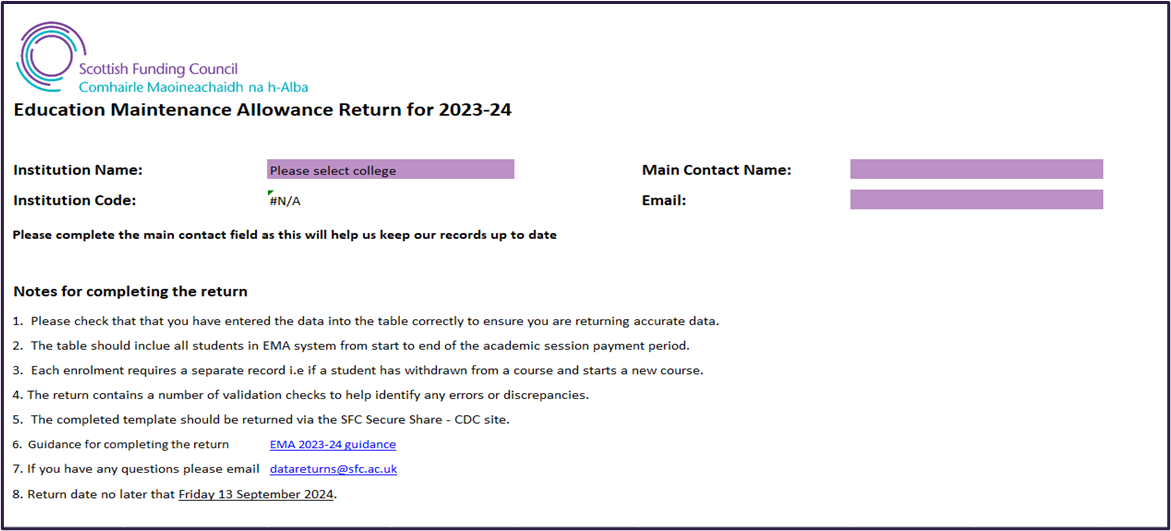 Education Maintenance Allowance Return 2023-24 annex A sample 1
