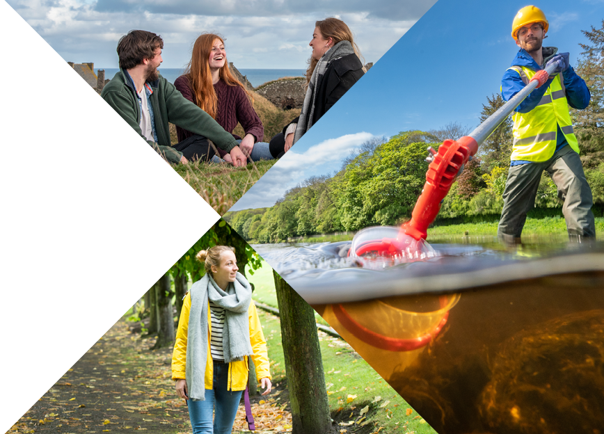 On the top left a group of students chat on a historical site. At the bottom left a gril walks amongst trees. On the right a man collects samples of water at a lake.