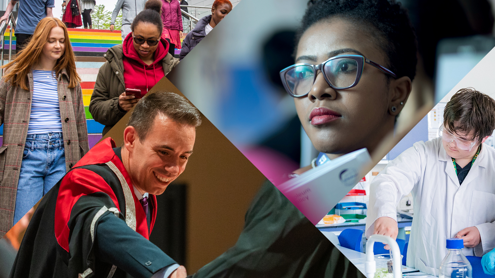 Collage of diverse people: two women walking, a person in graduation attire, a woman in glasses, and a young scientist in a lab coat.