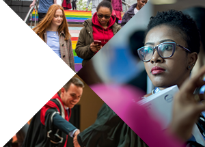 Collage of diverse people: two women walking, a person in graduation attire, and a woman in glasses.