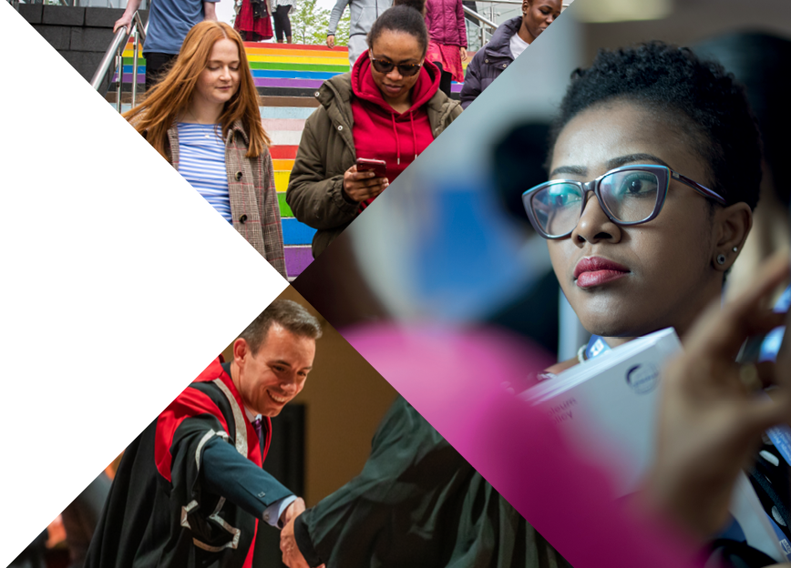 Collage of diverse people: two women walking, a person in graduation attire, and a woman in glasses.