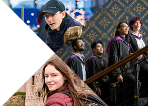 Collage image of students. On the top left, a mechanic student is working with tools. On the bottom left, a girl in front of a castle looks at the camera. On the right, a group of students wearing University of Glasgow's graduation gowns are climbing stairs.