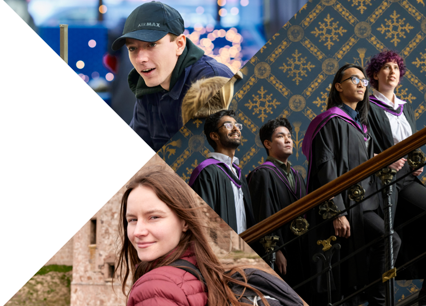 Collage image of students. On the top left, a mechanic student is working with tools. On the bottom left, a girl in front of a castle looks at the camera. On the right, a group of students wearing University of Glasgow's graduation gowns are climbing stairs.