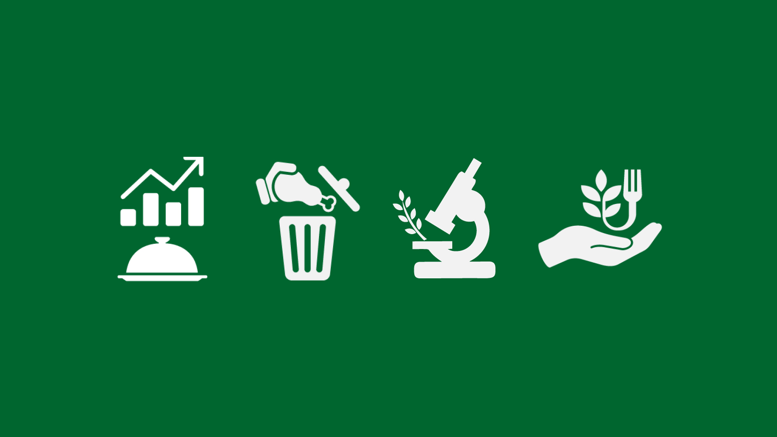 Four white icons on a green background representing SCAF's research themes: mapping the food system; culture, heritage and behaviour; innovation-led food systems research; and food security, environment and community.