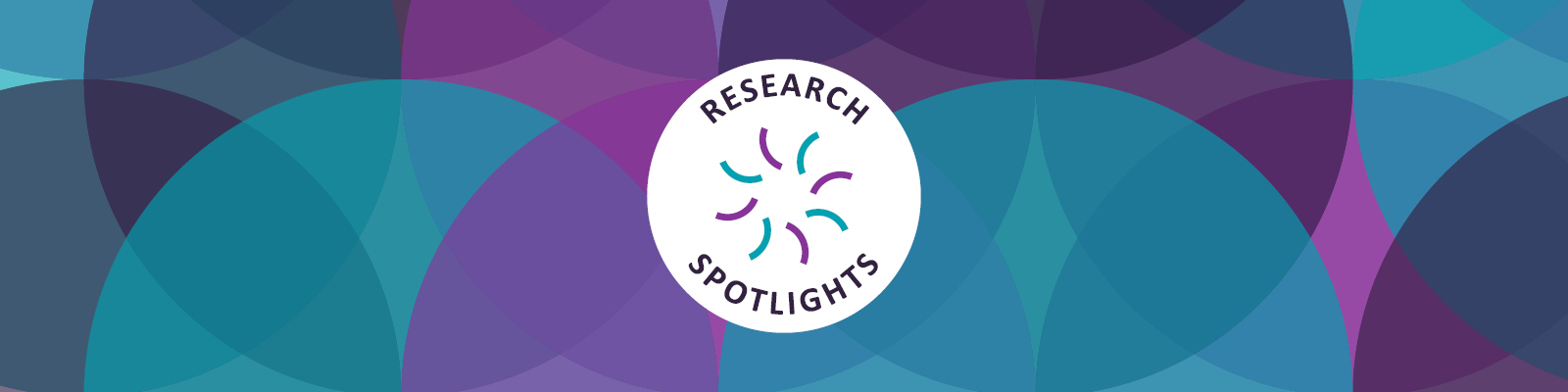 Colorful geometric shapes create an abstract background, featuring a prominent circular badge that reads "Research Spotlights."