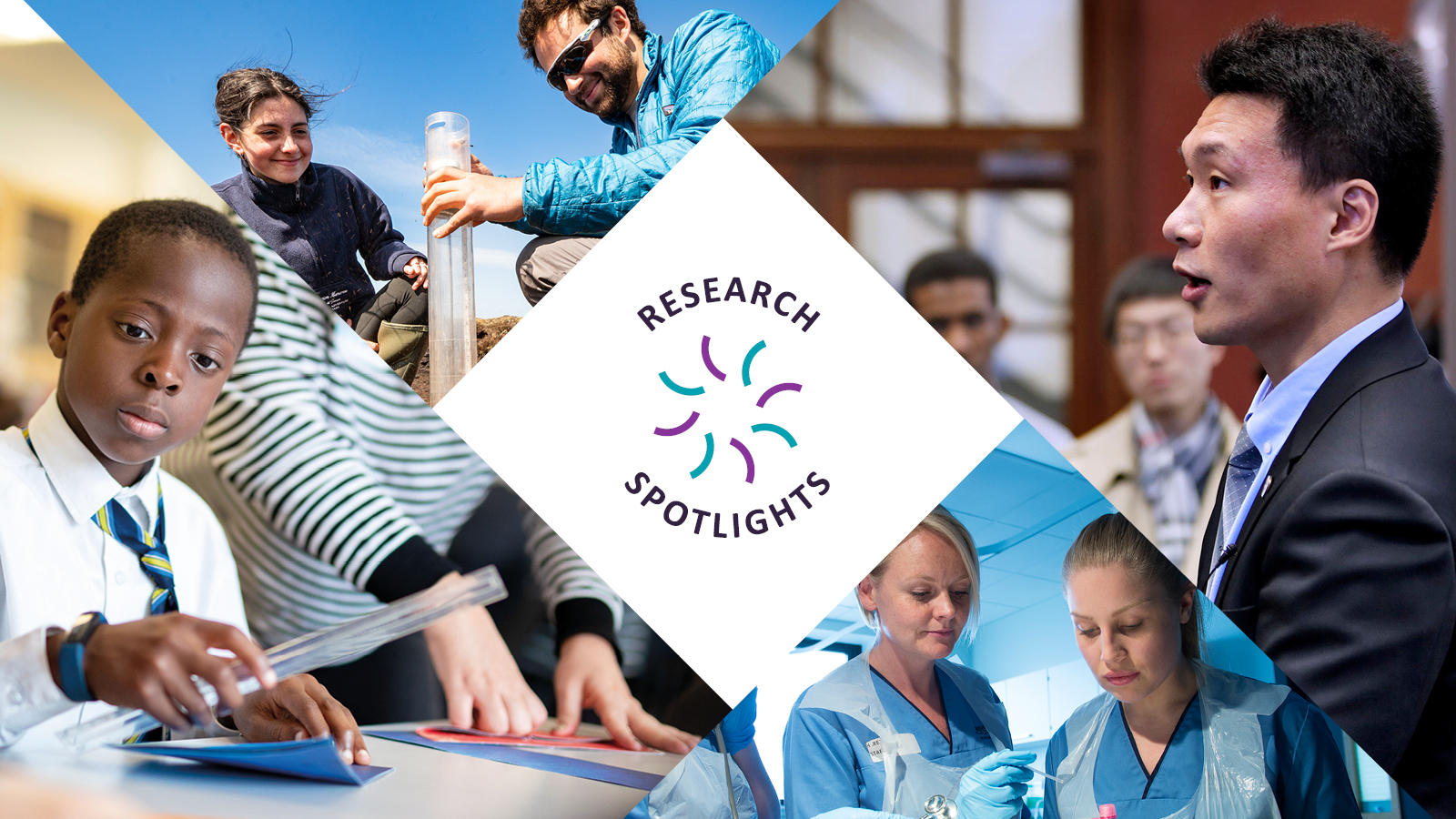Collage of diverse individuals engaged in various activities around child poverty, economy, climate change and public services. At the centre a logo reads "Research Spotlights."