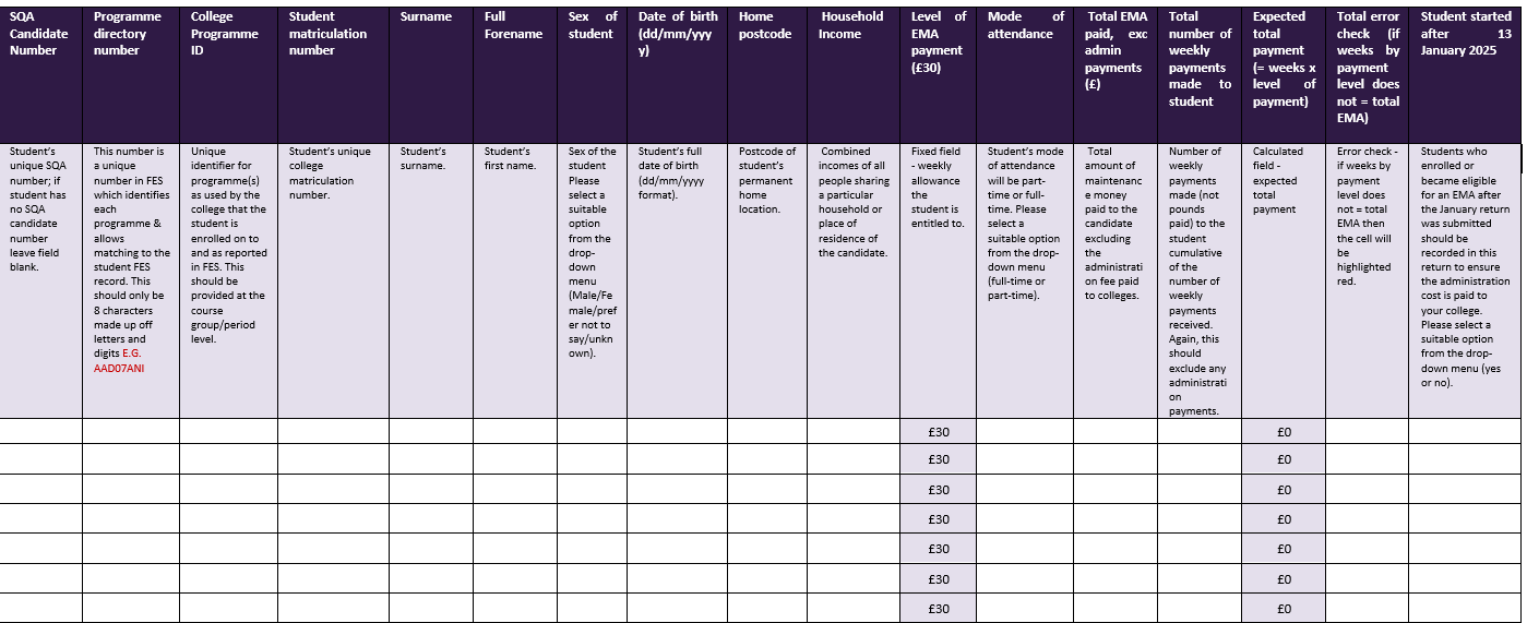 Education Maintenance Allowance Return for 2024-25 sample