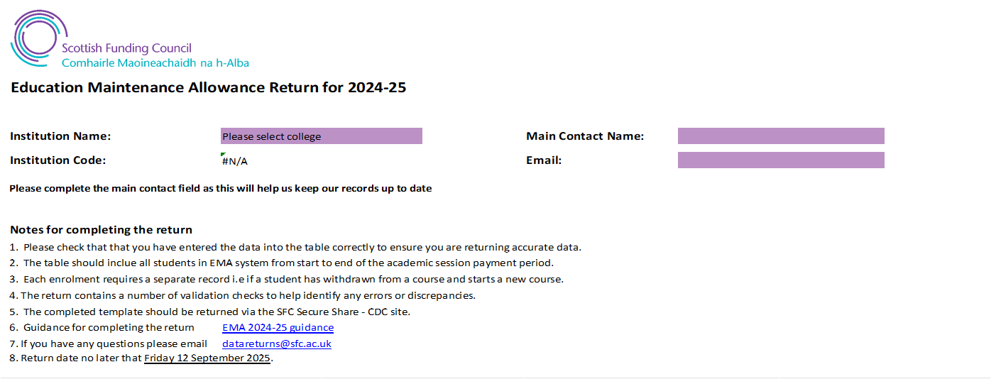 Education Maintenance Allowance Return for 2024-25 sample
