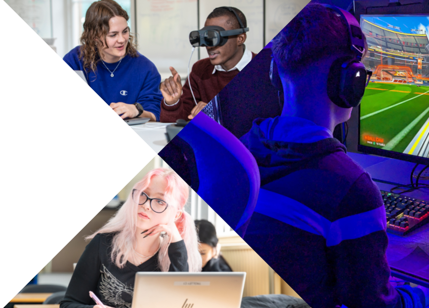A collage featuring students wearing VR headset, a woman using a laptop, and a gamer immersed in an action-packed video game.