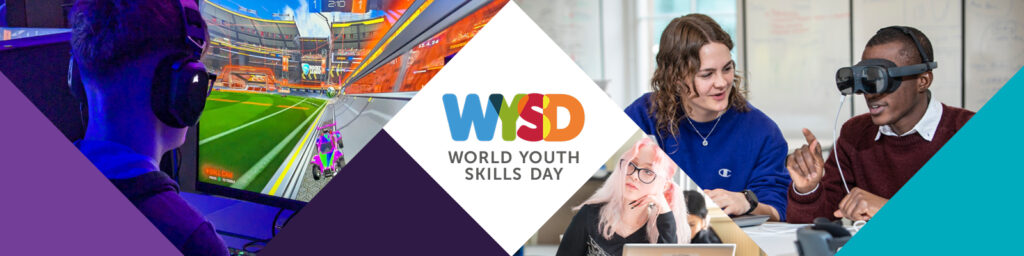 A collage featuring students wearing VR headset, a woman using a laptop, and a gamer immersed in an action-packed video game. At the centre is the logo of the World Youth Skills Day.