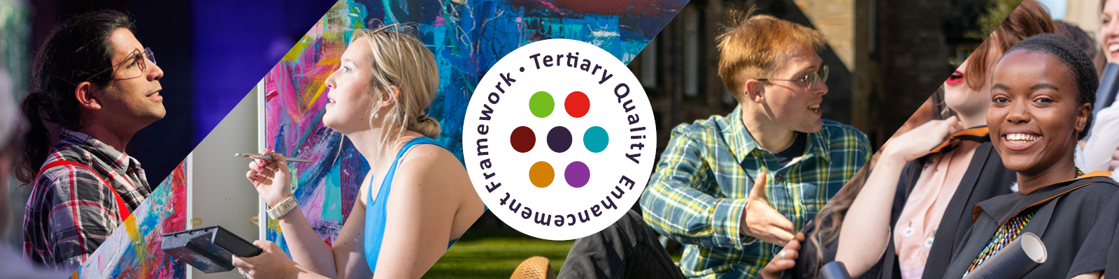 Photocollage of students in different environments. The TQEF logo is on the centre.