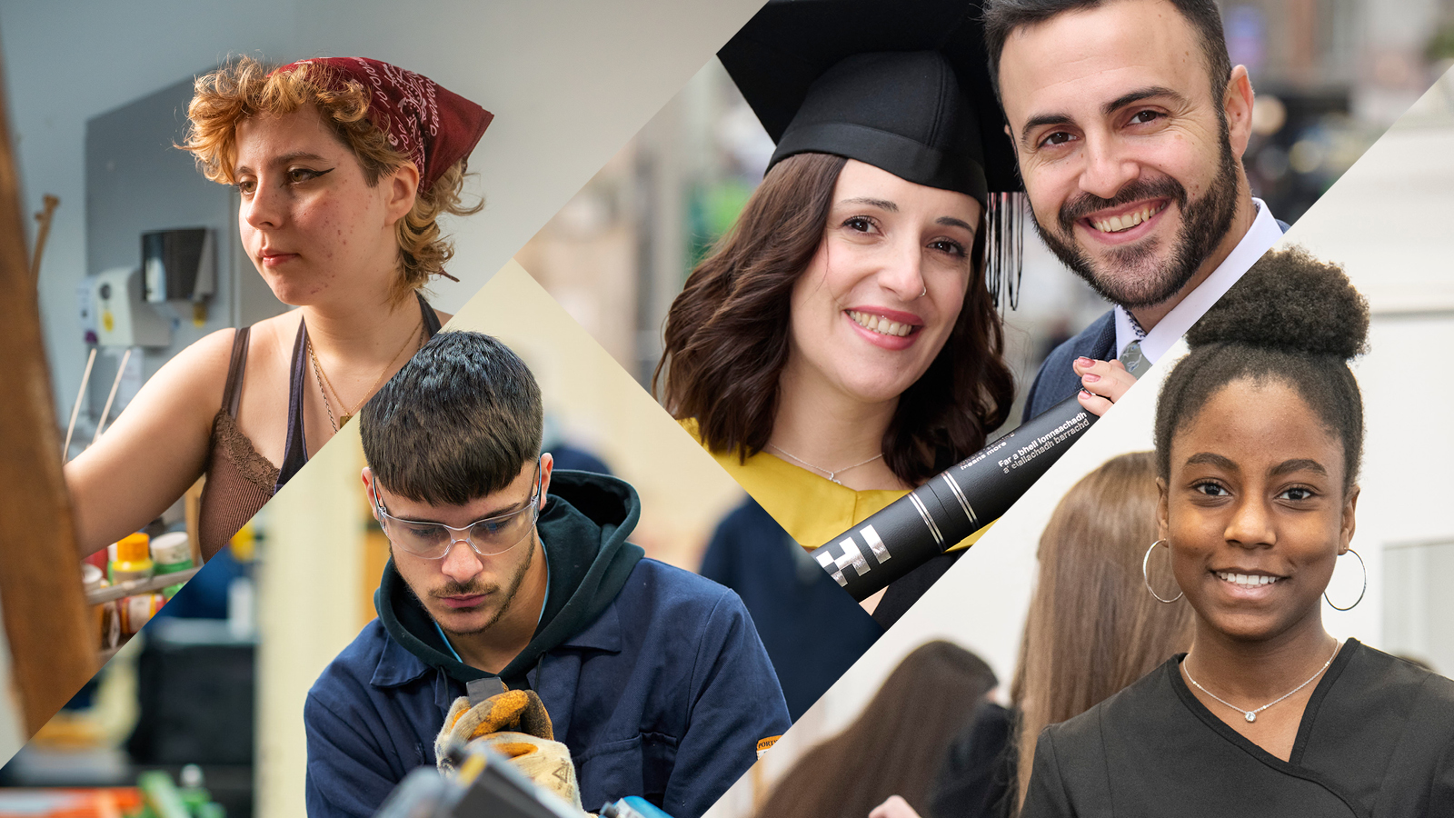 A collage of college students engaged in various activities, including art, graduation, and manual work in diverse settings.