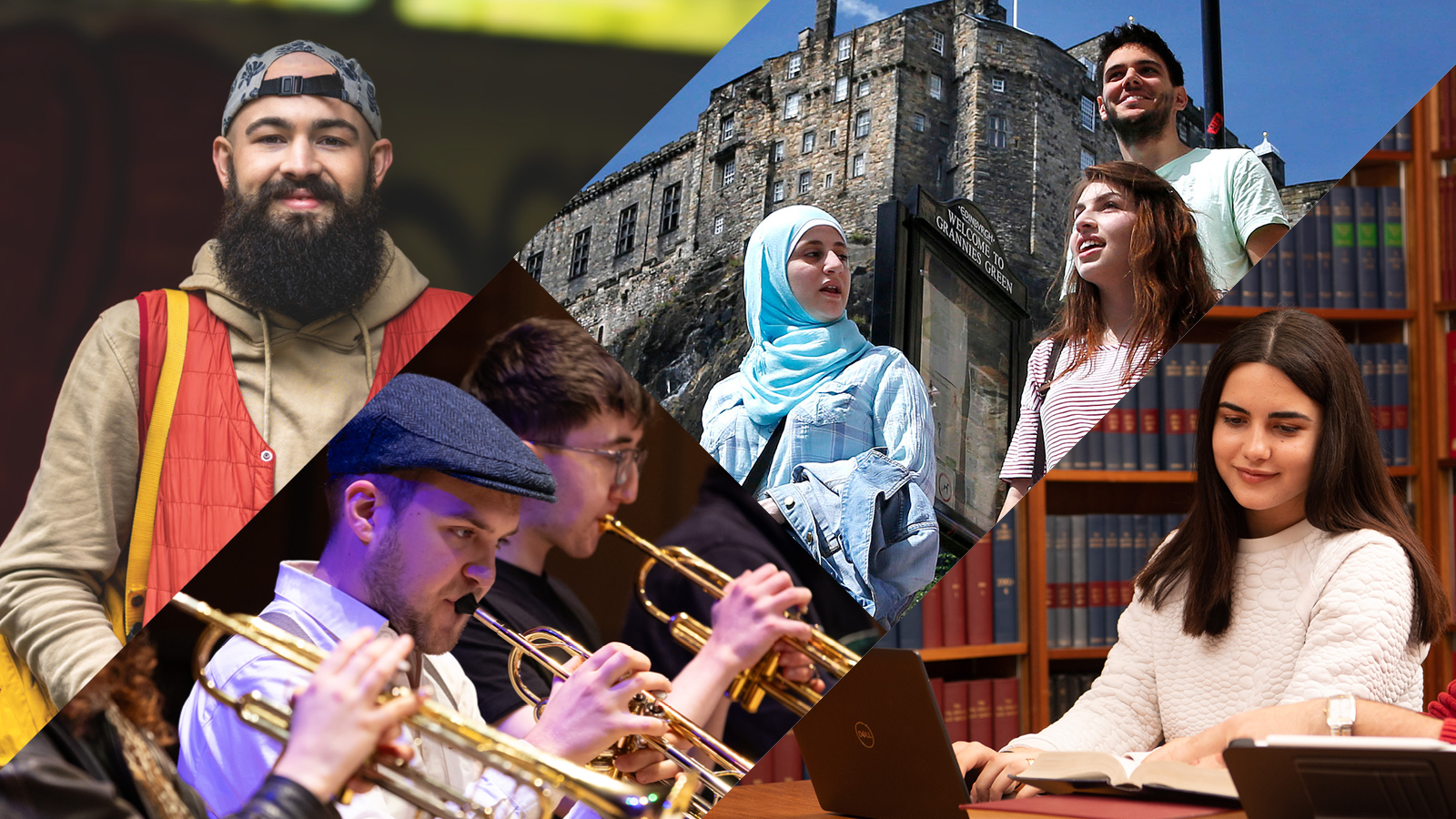 A collage featuring university students in different scenarios such as a musician with a trumpet, students close to Edinburgh Castle, and a student working in a library.