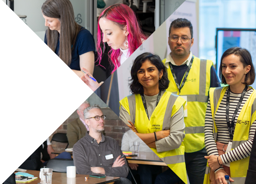 A collage of diverse individuals in various settings: one group in a meeting, another in safety vests engaged in conversation.