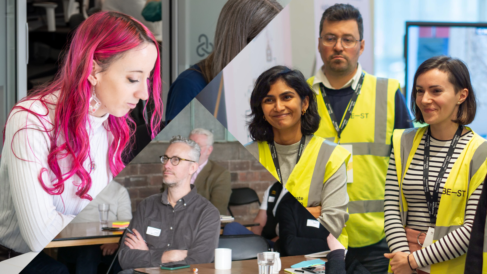 A collage of diverse individuals in various settings: one group in a meeting, another in safety vests engaged in conversation.