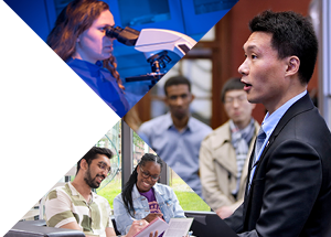 A collage of three images: a researcher at a microscope, a group discussing materials, and a speaker presenting to an audience.