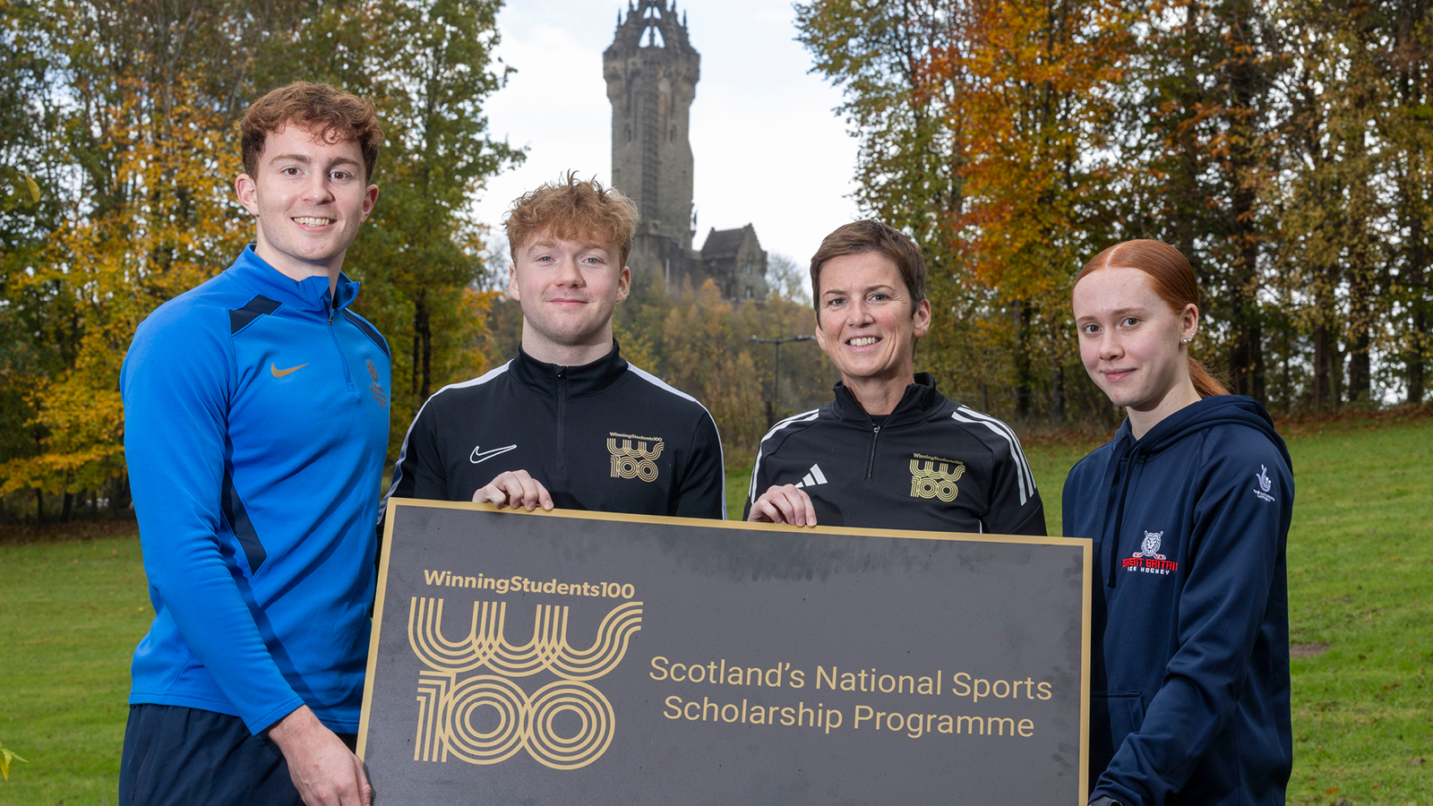 Left to right: University of Edinburgh swimmer Archie Goodburn, University of Stirling gymnast Cameron Lynn, Winning Students 100 Advisory Board Chair Cathy Gallagher and Ayrshire College ice hockey player Ruby Newlands.