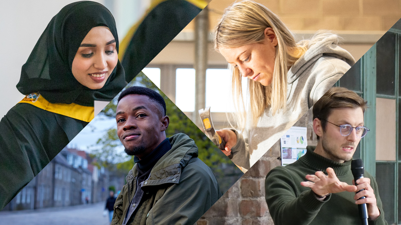 Photocollage of students and researchers in different locations.