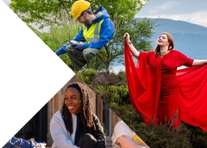 A collage showing a person in a safety vest outdoors, a woman in a red dress posing, and individuals sitting together in a casual setting.