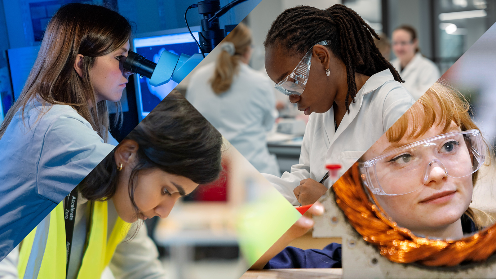 Collage of images depicting women in different scientific research scenes: lab technicians in white coats, microscope use, and a detailed examination of samples.