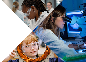 Collage of images depicting women in different scientific research scenes: lab technicians in white coats, microscope use, and a detailed examination of samples.