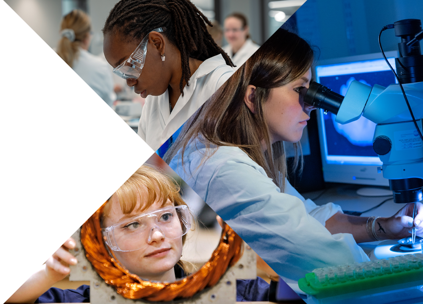 Collage of images depicting women in different scientific research scenes: lab technicians in white coats, microscope use, and a detailed examination of samples.