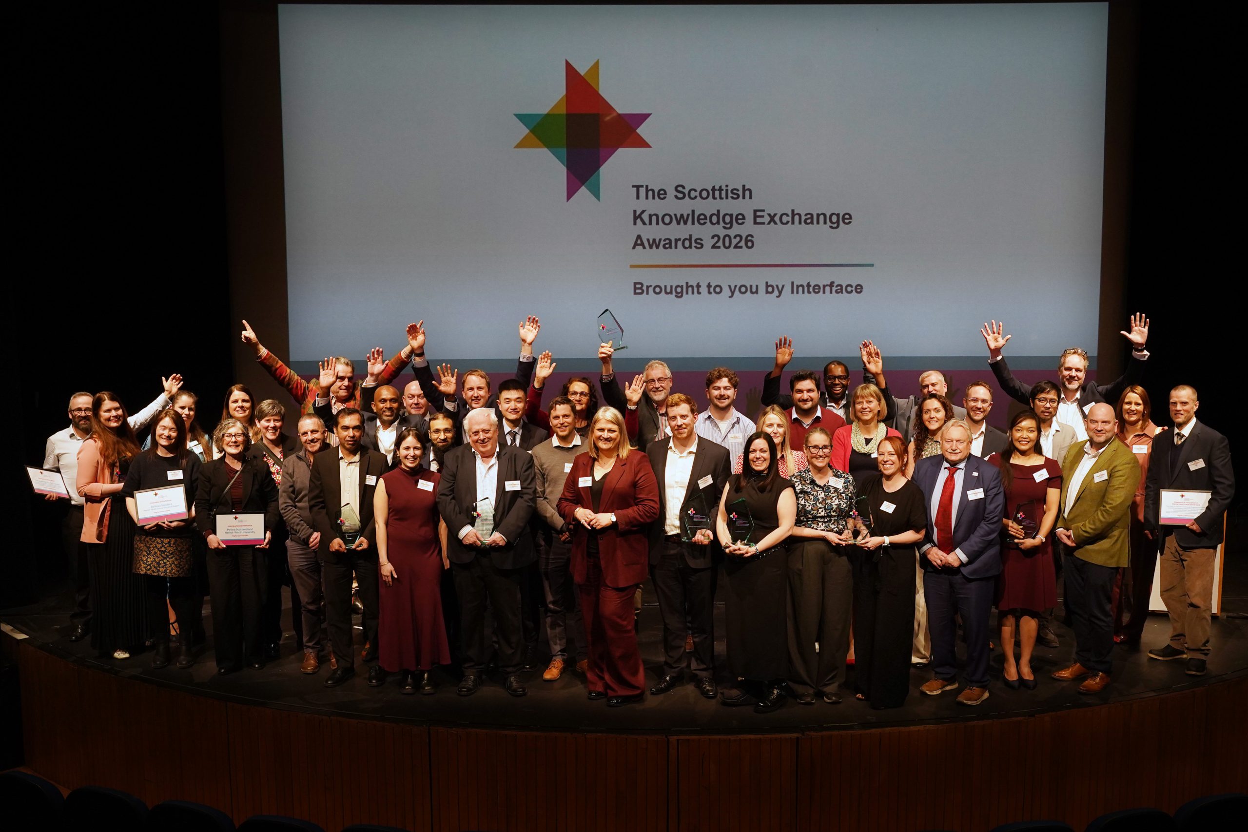 Scottish Knowledge Exchange Awards 2026 1 SA :Game-changing innovations in whisky, construction, energy, transport, justice, communications, health and mental health were celebrated at the Scottish Knowledge Exchange Awards 2026. Held at Macrobert Arts Centre, University of Stirling, on Thursday evening (19th March), the awards are staged by Interface and are now in their 11th year. 