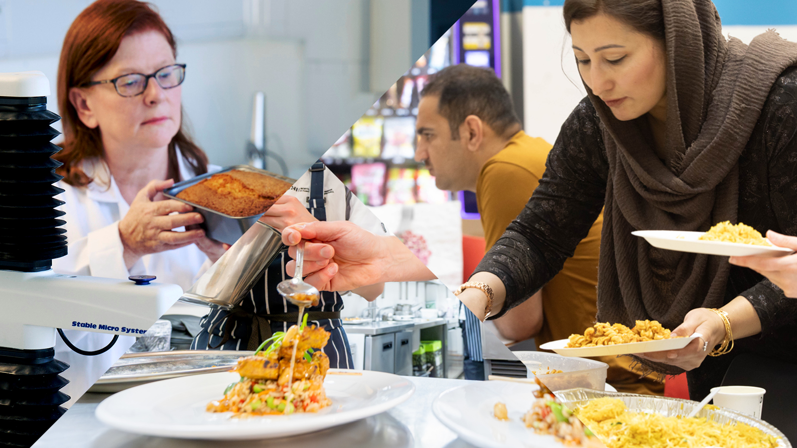 Collage of food science, gourmet plating, and a woman serving food in a casual setting with people in the background.