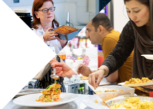 Collage of food science, gourmet plating, and a woman serving food in a casual setting with people in the background.