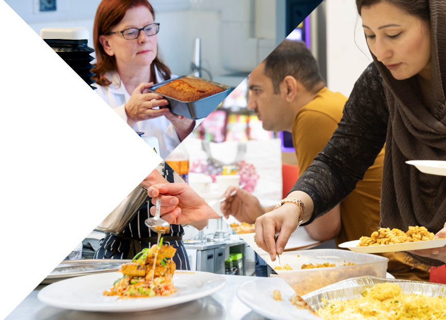 Collage of food science, gourmet plating, and a woman serving food in a casual setting with people in the background.