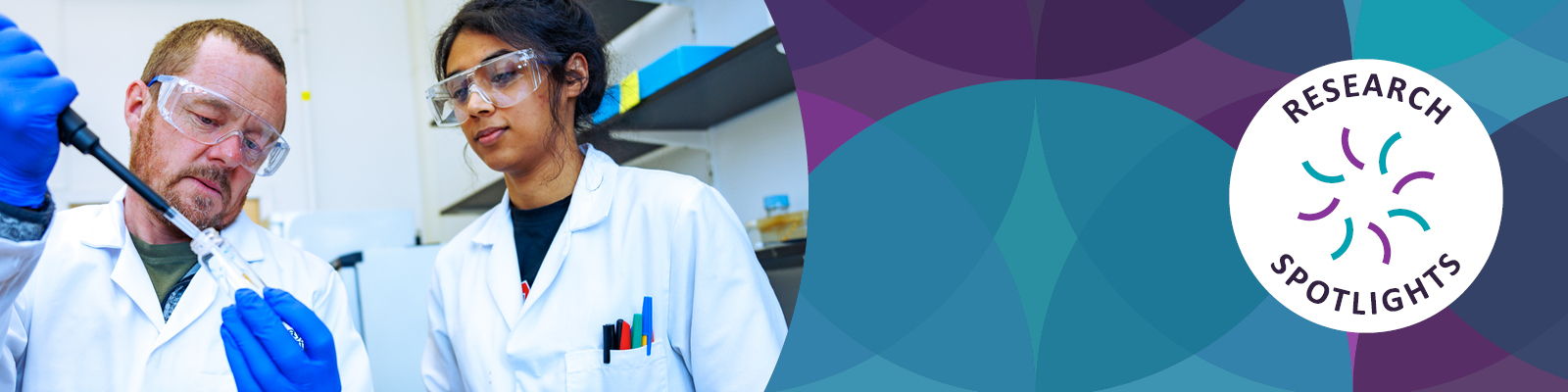 Two scientists in white lab coats working with lab equipment in a laboratory, accompanied by a "Research Spotlights" graphic.