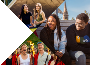 Collage of diverse people socializing outdoors in groups under sunny skies, including sitting on grass, park benches, and holding torches.