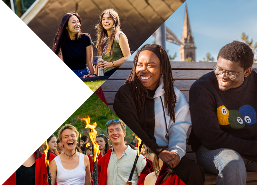 Collage of diverse people socializing outdoors in groups under sunny skies, including sitting on grass, park benches, and holding torches.