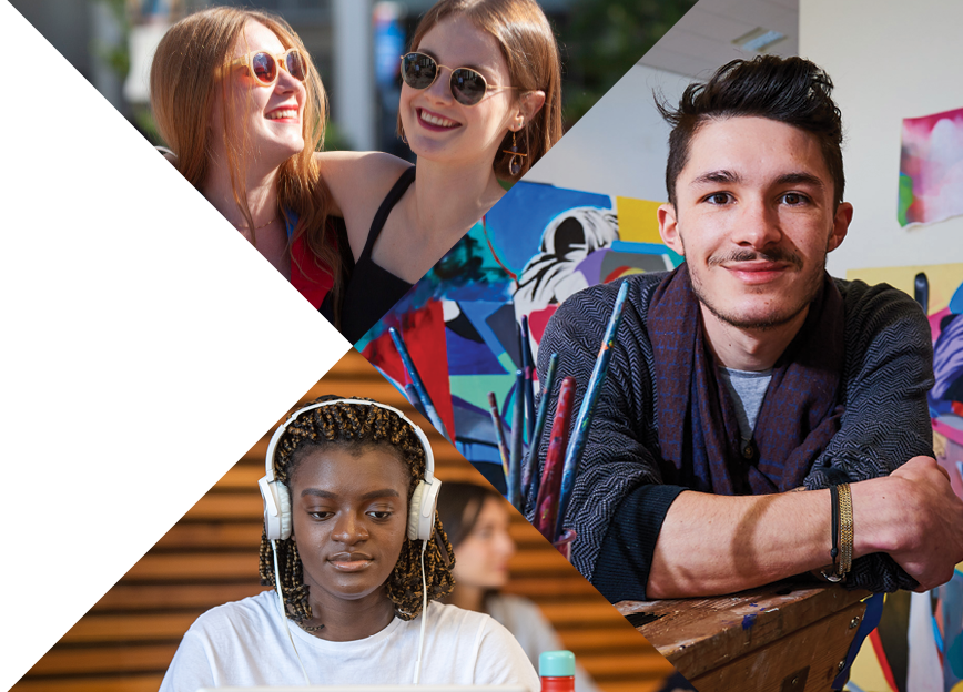 Collage of three triangular photos showing friends outdoors, an artist by a mural, and a person with headphones using a laptop.